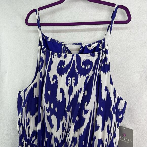 Athleta Women’s Sz XL Blue White Ikat Bloom Ripple Maxi Dress Back Tassels NWT - Picture 6 of 11